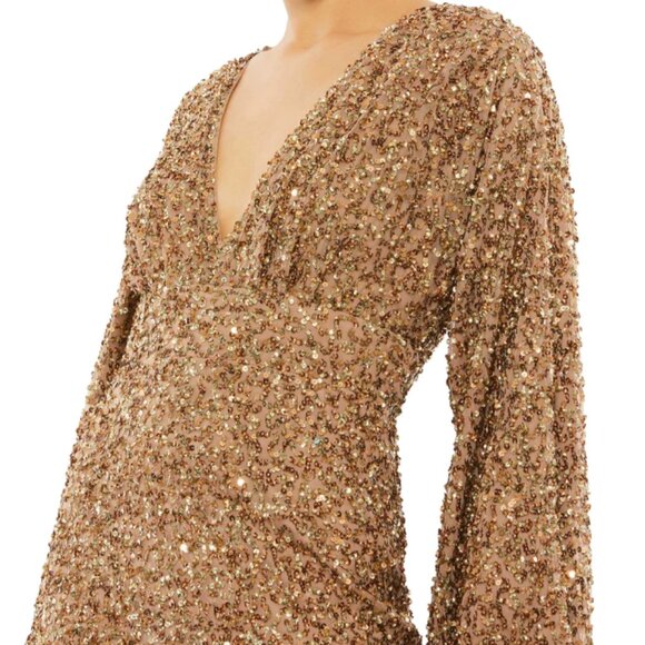 MAC DUGGAL 10791 SEQUINED PUFF SLEEVE V-NECK BRONZE GOWN sz 10 - Picture 2 of 5